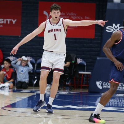 Basketball player Harry Wessels points while Gaels play Florida Atlantic in December 2025