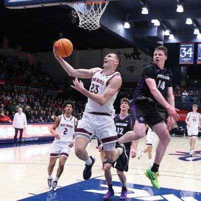 Basketball player Paulius Murauskas shoots against Portland in January 2026