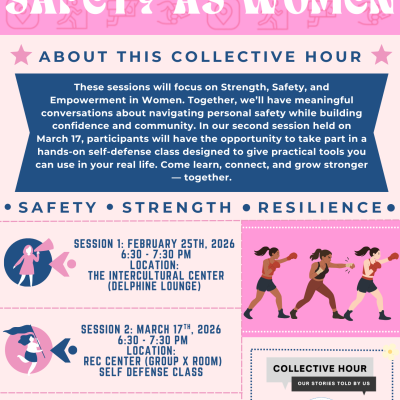 Pink background with white font colors and cartoon images of women in defensive stance.