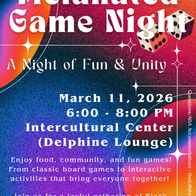 Multicolored background with white "Melanated Game Night" title