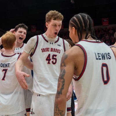 Saint Mary's Basketball players celebrate winning WCC Title in February 2026