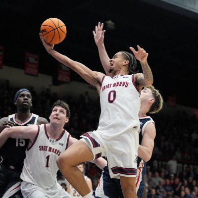 Men's basketball player Mikey Lewis shoots against Gonzaga in February 2026