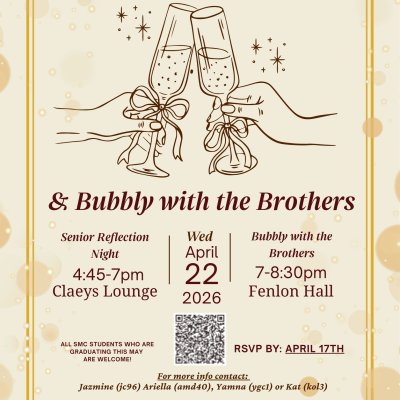 Flyer for Senior Reflection Night and Bubbly with the Brothers event for graduating students