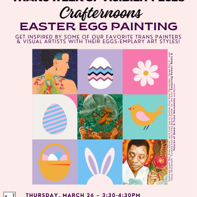 Beige background with a visual art with transgender flag colors and art by transgender artists