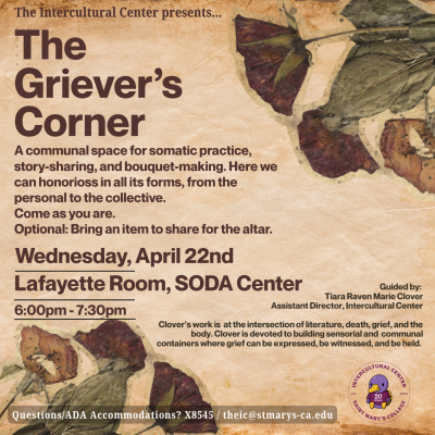 A 5 by 5 image with a piece of crumbled paper as the background to add texture. Pressed dark red and brown flowers frame the text in the upper right and lower left corners.