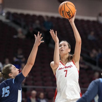 Women's basketball player Edie Clarke shoots against San Diego in 2026 WCC Tournament