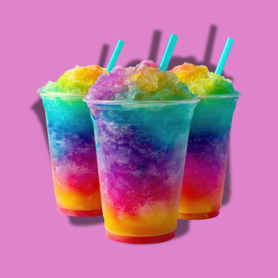Three snow cones with rainbow colors on a pink background with teal straws.