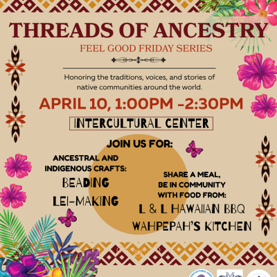 Brown background with hibiscus flowers and indigenous symbols