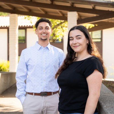Saifo Haddad and Sara Alhejazin pose on campus
