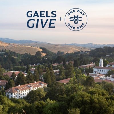 Aeiral photo of campus at twilight. One Day One SMC logo