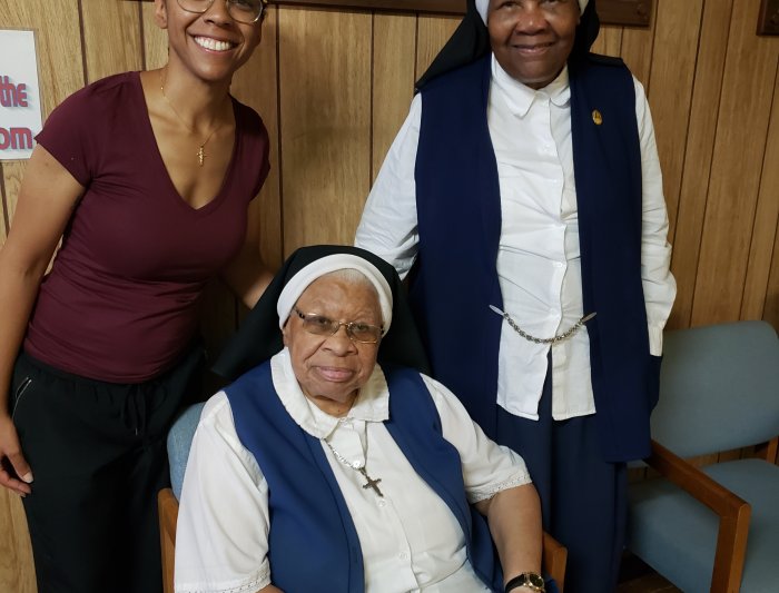 Camelia Taylor with Sr. Dorthy, OSP (seated) and Sr. Avila, OSP (standing)