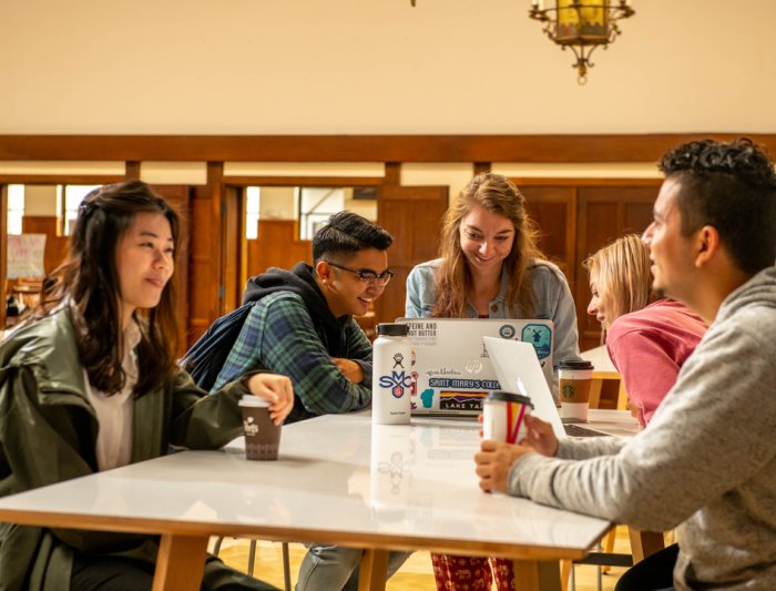 group of five students sitting in dryden hall