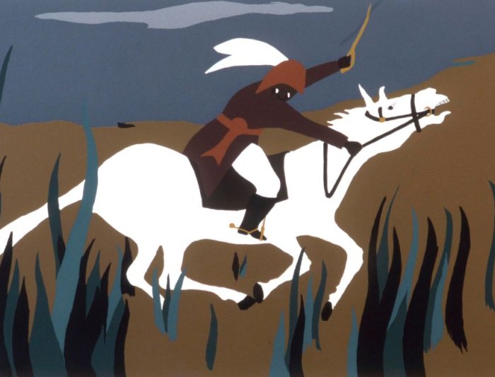 screenprint of black man riding white horse with sword in air. Blue sky in background and long grass in front. . Image by Jacob Lawrence from the Toussaint L"Overture Series of 1997. 