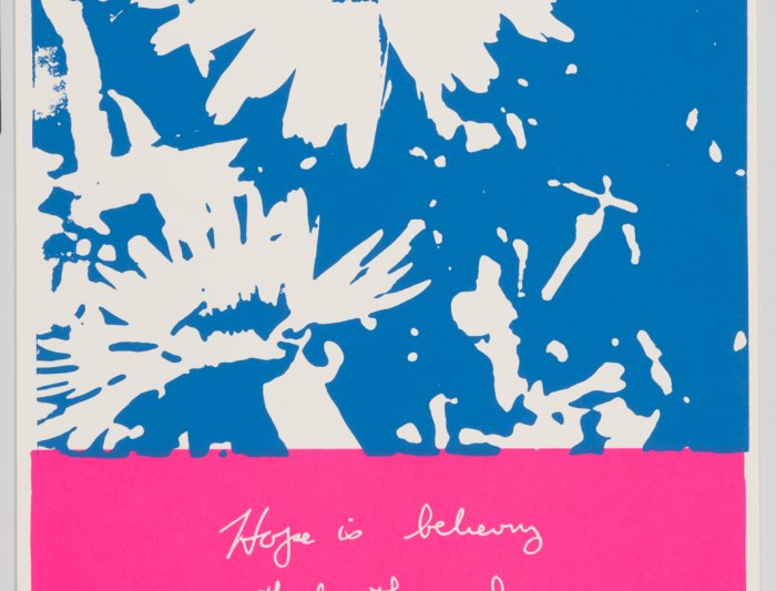 serigraph of a blue and white daisy with text 