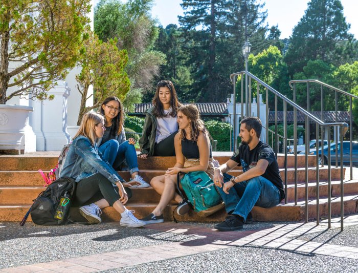 Students sitting together on steps of saint mary's college chapel