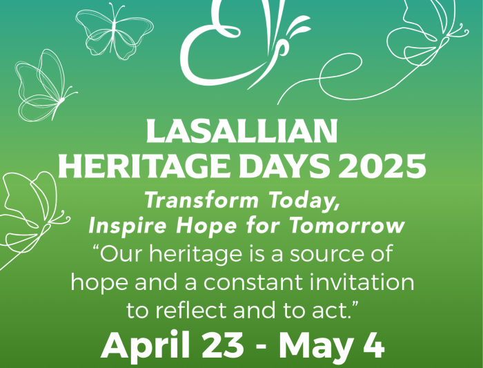 Green and blue background with white butterflies and the dates and them for Lasallian Heritage Days 2025