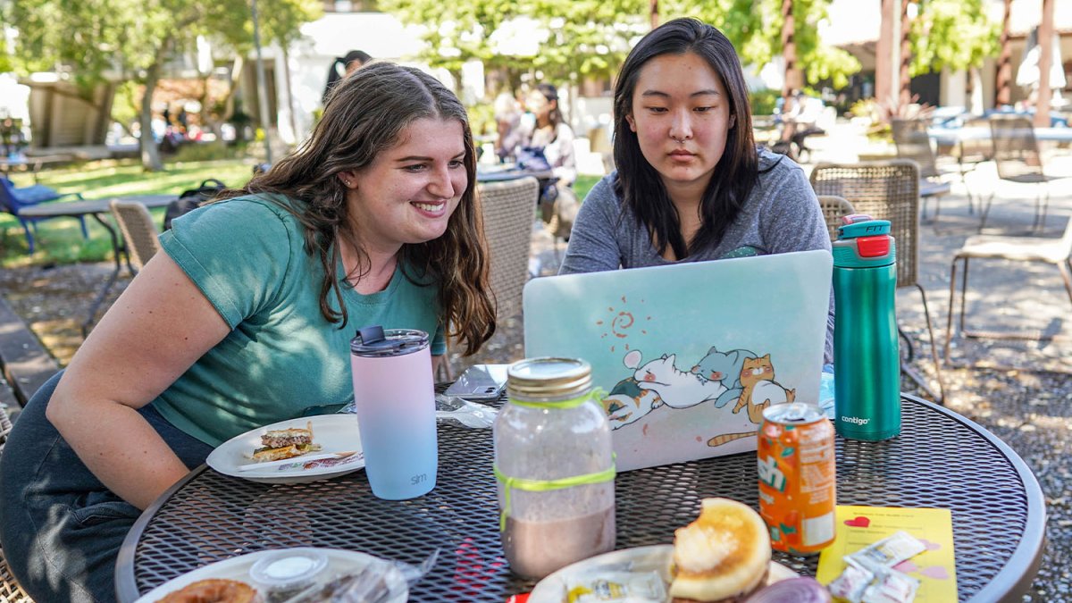Two people looking at a laptop during lunch outside