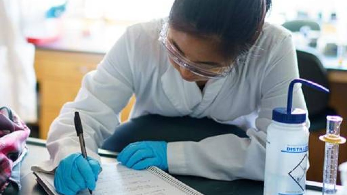 student in lab writing a report