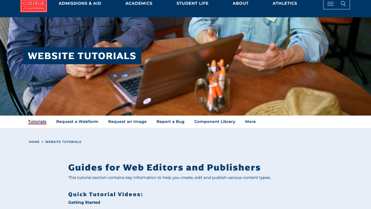 Screenshot of the website tutorials webpage Guides for web editors and publishers